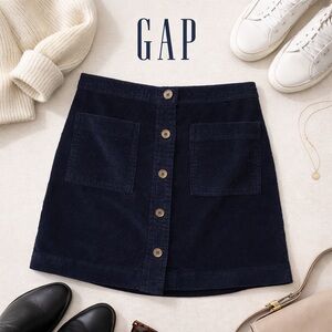 GAP Navy Corduroy Button Front Mini Skirt Sz S | A-Line Patch Pocket